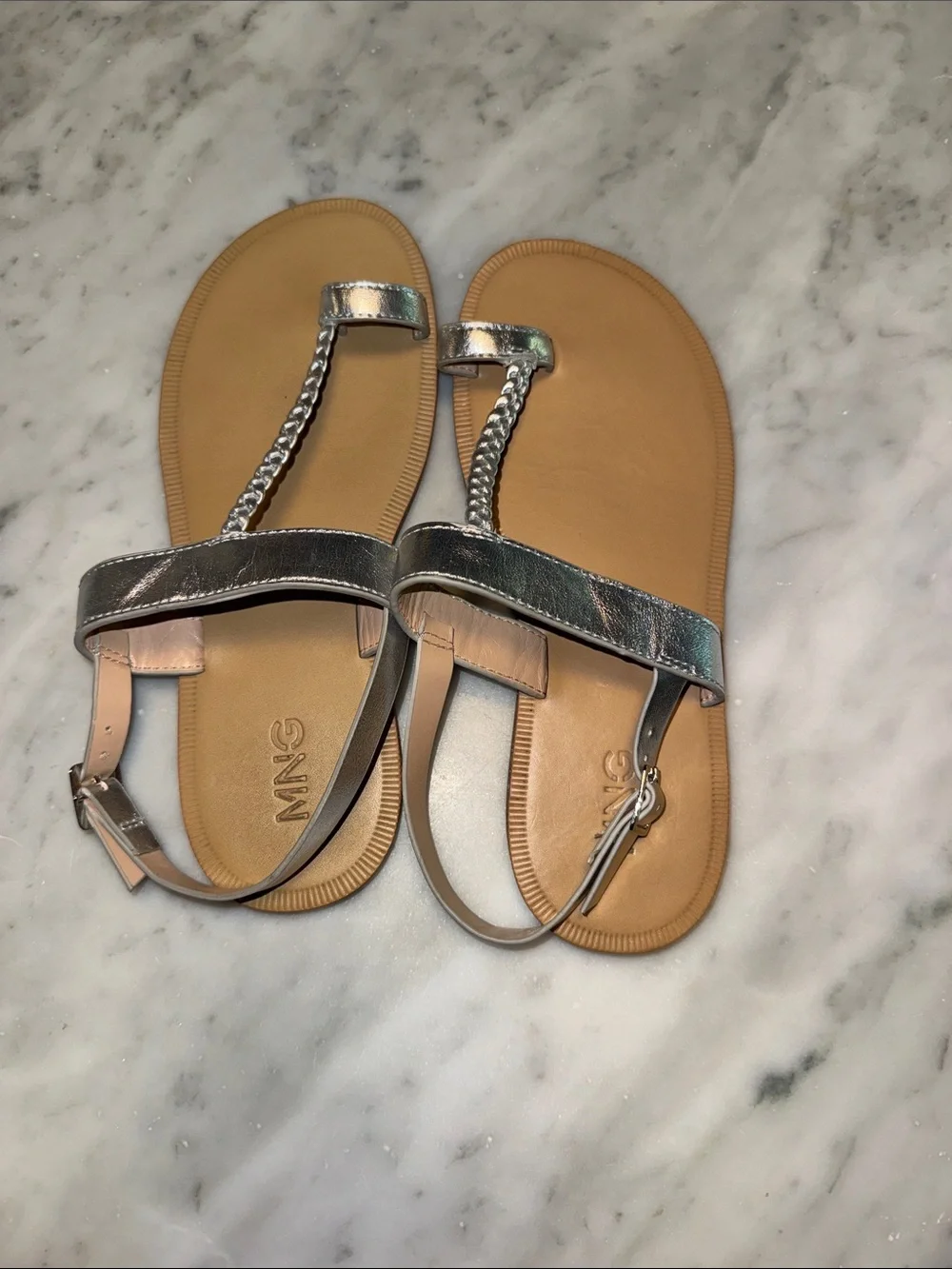 Mango Kids Silver Braided T-Strap Sandals with Tan Footbed